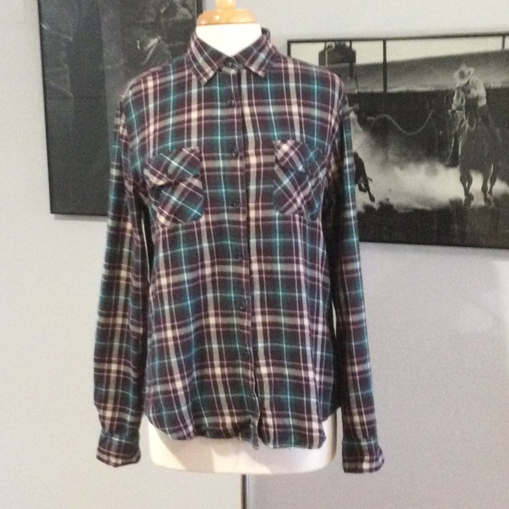BDG Button Front Collared Plaid Long Sleeve Shirt size Large